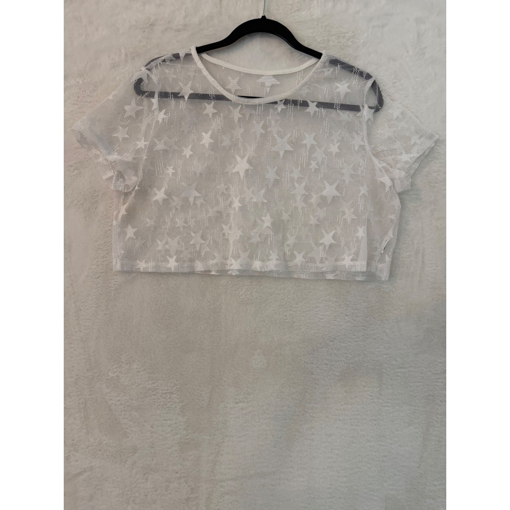 White Sheer Mesh Star Print Crop Top Short Sleeve Crew Neck Festival Shirt